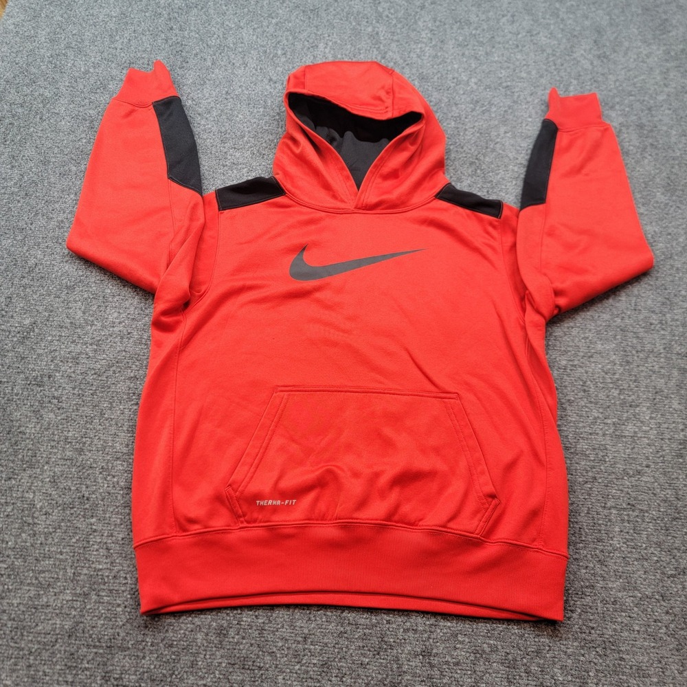 Nike Therma-FIT Hoodie Red Black Pullover Swoosh Sweatshirt Kids XL
